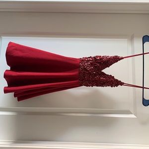 Beautiful red skater dress with intricate and unique floral on the top.
